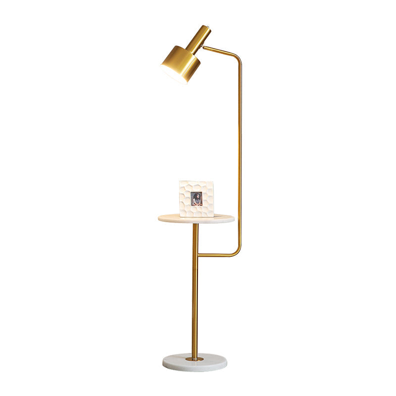 Modern Metallic Floor Lamp With Tray And Marble Base - Sleek Bedside Lighting