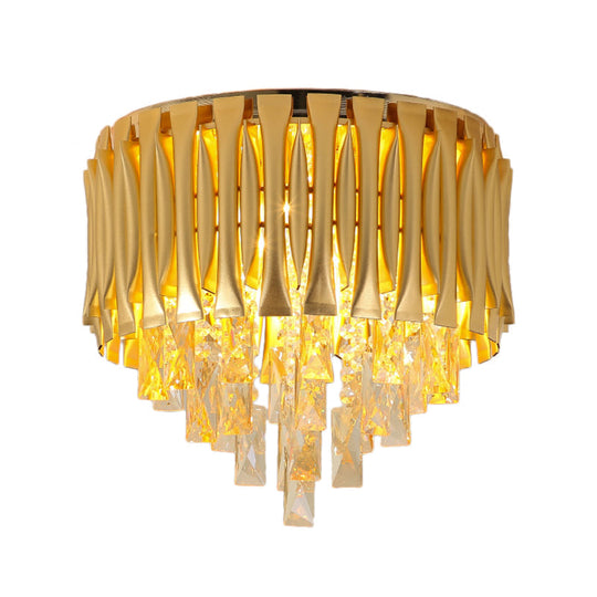 Modern Metal Drum Ceiling Light Fixture with Crystal Block Drop - Brass Flush Mount, 5 Lights