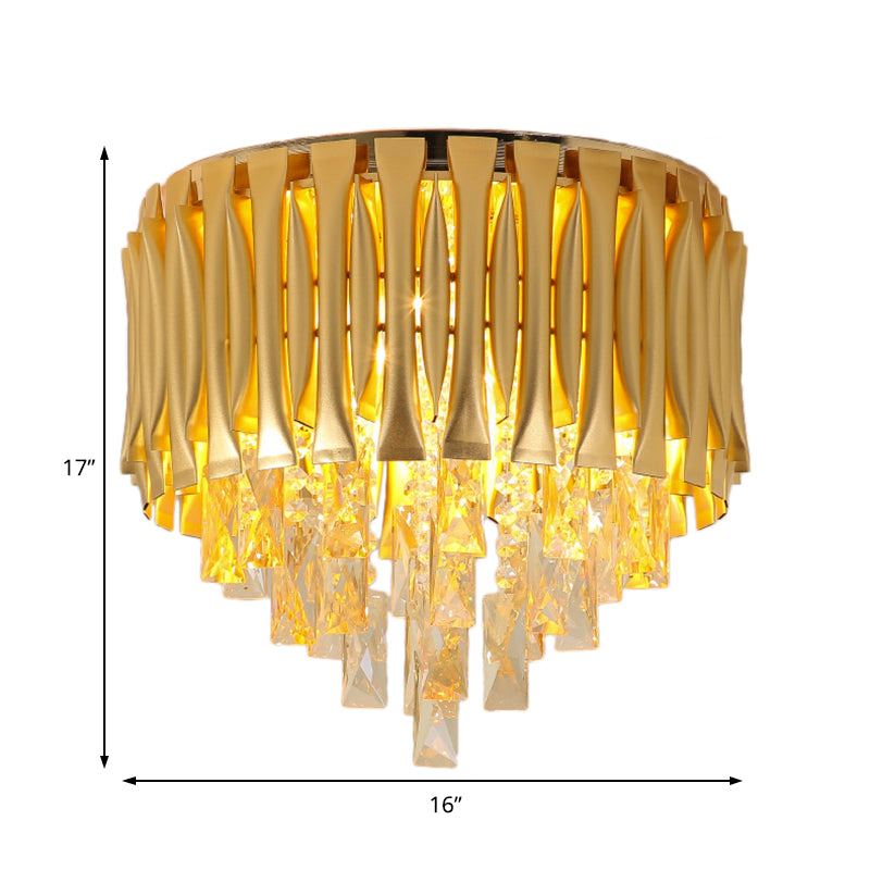 Modern Metal Drum Ceiling Light Fixture with Crystal Block Drop - Brass Flush Mount, 5 Lights
