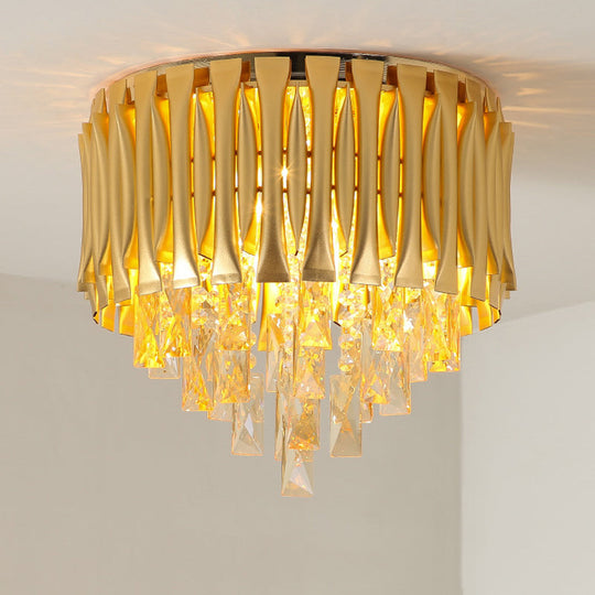 Modern Metal Drum Ceiling Light Fixture with Crystal Block Drop - Brass Flush Mount, 5 Lights