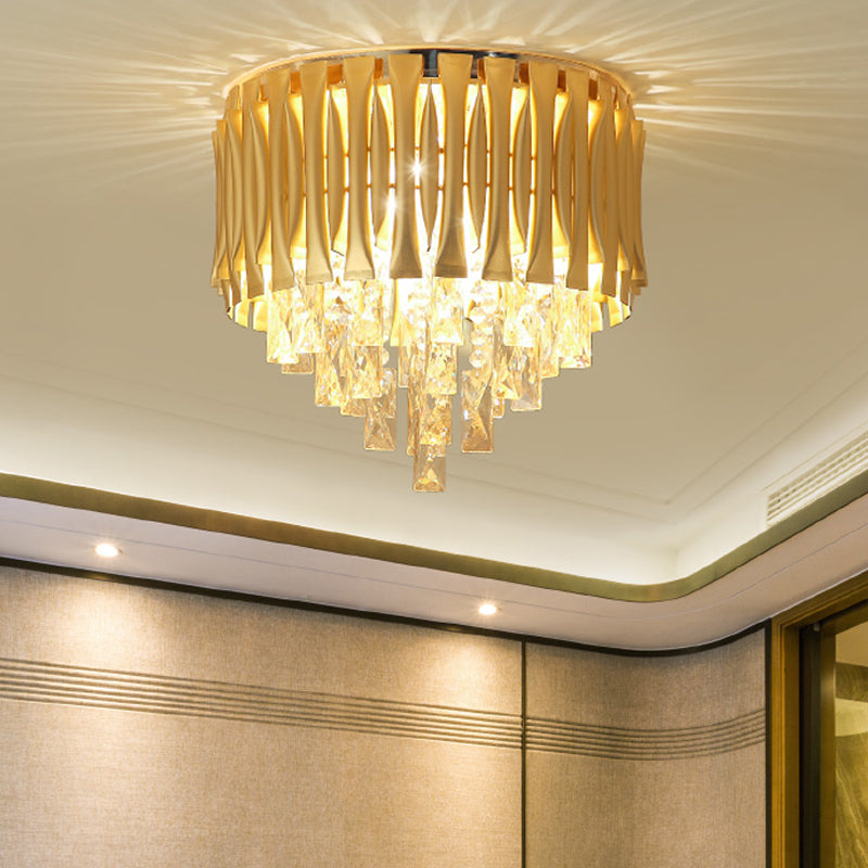Modern Metal Drum Ceiling Light Fixture with Crystal Block Drop - Brass Flush Mount, 5 Lights