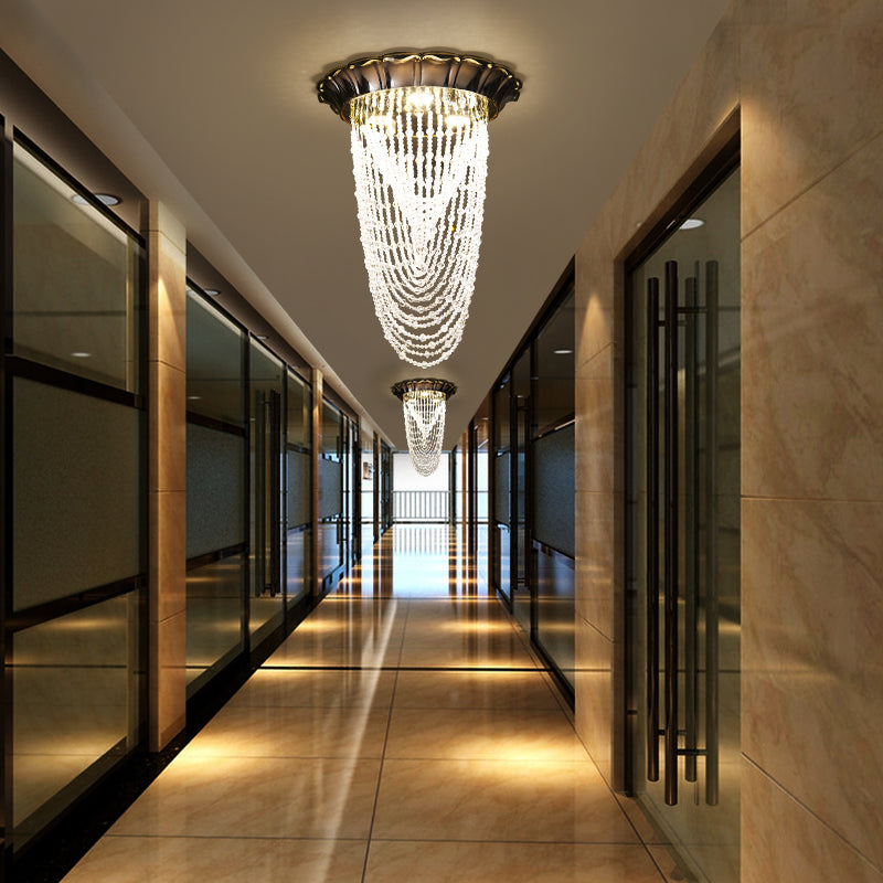 Sleek Crystal Chain Led Chrome Ceiling Flush Mount Light With Beaded Detailing