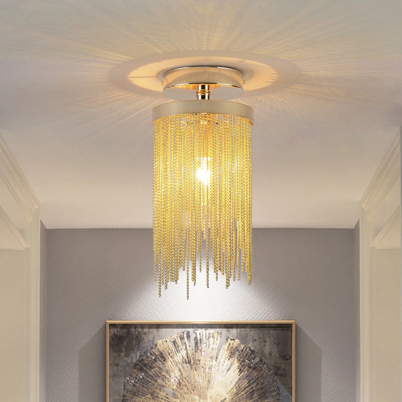 Modern Crystal Strand Semi Flush Ceiling Light - 1 Light Blue/Green/Chrome