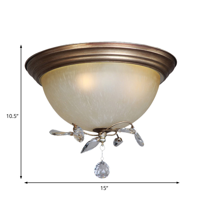 Rustic Dome Ceiling Fixture with Crystal Drop and 3 Glass Shade Lights - Bedroom Flush Mount Light