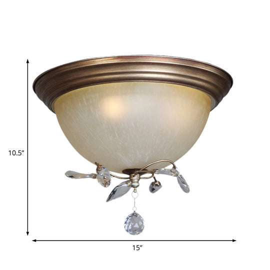 Rustic Dome Ceiling Fixture with Crystal Drop and 3 Glass Shade Lights - Bedroom Flush Mount Light