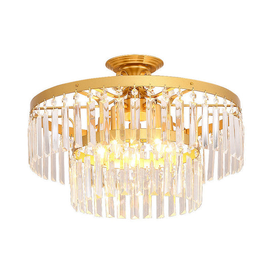 2-Tier Semi Flush Mount Crystal Rod Ceiling Light with 5 Lights, Modern Black/Gold Fixture for Living Room