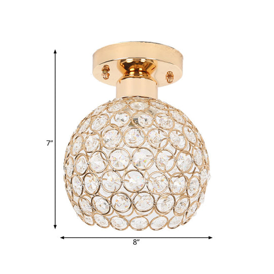 Modern Metal and Crystal Dome Ceiling Fixture - Gold Semi Flush Mount Light for Hallway