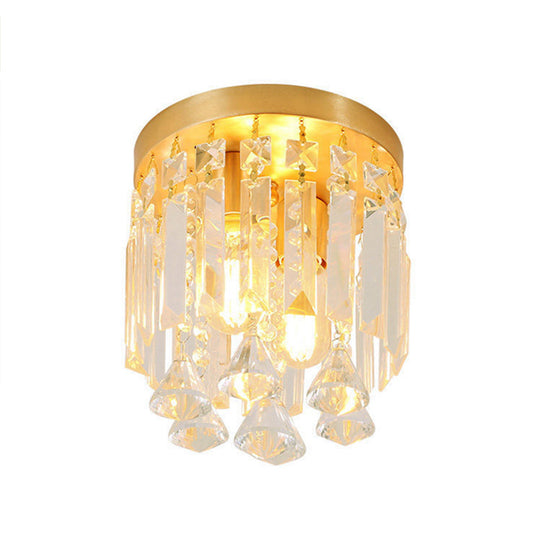 Modern Crystal Block Cylinder Flush Mount Light with Brass Finish - 2 Lights, 8"/10" Wide
