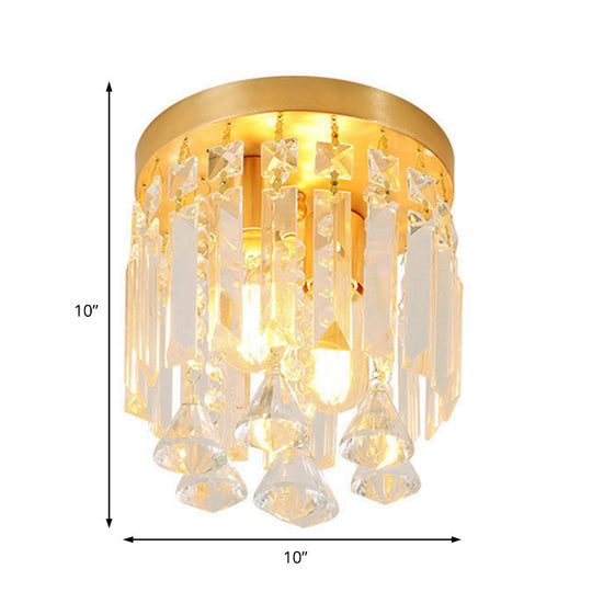 Modern Crystal Block Cylinder Flush Mount Light with Brass Finish - 2 Lights, 8"/10" Wide