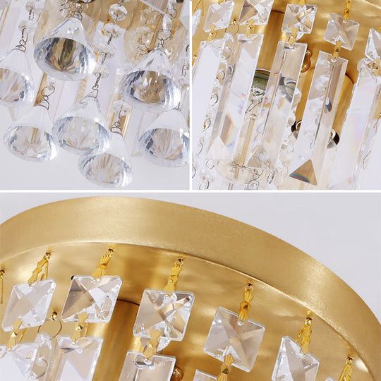 Modern Crystal Block Cylinder Flush Mount Light With Brass Finish - 2 Lights 8/10 Wide