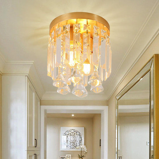 Modern Crystal Block Cylinder Flush Mount Light with Brass Finish - 2 Lights, 8"/10" Wide