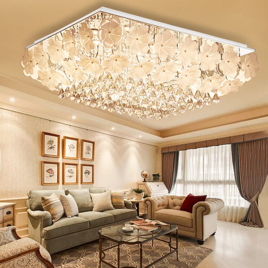 Modern Crystal LED Chrome Ceiling Light Fixture for Living Room - Flush Mount Rectangular Design