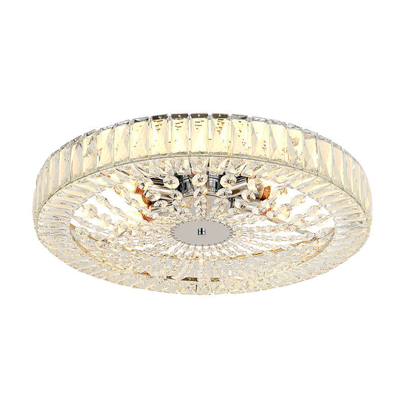 Contemporary Crystal Block LED Chrome Ceiling Fixture - Drum Flush Mount Light, 16"/23.5" Wide
