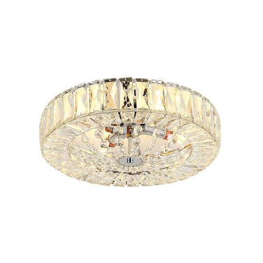 Contemporary Crystal Block LED Chrome Ceiling Fixture - Drum Flush Mount Light, 16"/23.5" Wide