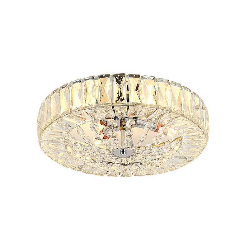 Contemporary Crystal Block Led Chrome Ceiling Fixture - Drum Flush Mount Light 16/23.5 Wide