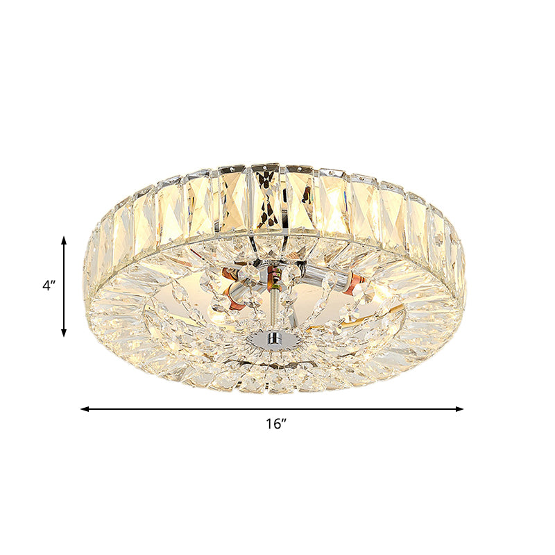 Contemporary Crystal Block LED Chrome Ceiling Fixture - Drum Flush Mount Light, 16"/23.5" Wide