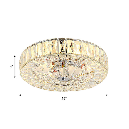 Contemporary Crystal Block LED Chrome Ceiling Fixture - Drum Flush Mount Light, 16"/23.5" Wide