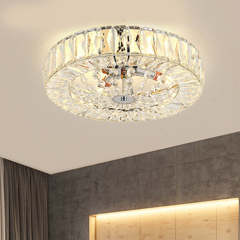 Contemporary Crystal Block LED Chrome Ceiling Fixture - Drum Flush Mount Light, 16"/23.5" Wide