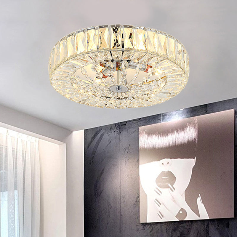 Contemporary Crystal Block LED Chrome Ceiling Fixture - Drum Flush Mount Light, 16"/23.5" Wide
