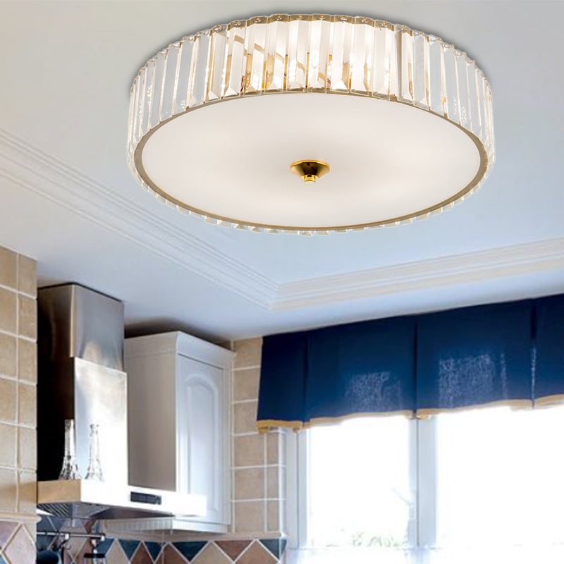 Modern Gold LED Bedroom Flush Mount Ceiling Light with Drum Crystal Shade, 12"/19" Dia