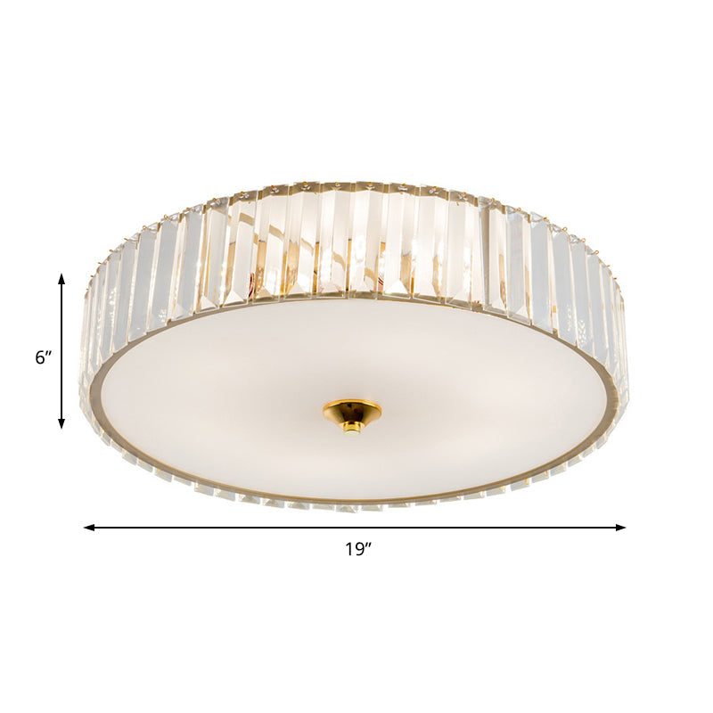Modern Gold LED Bedroom Flush Mount Ceiling Light with Drum Crystal Shade, 12"/19" Dia