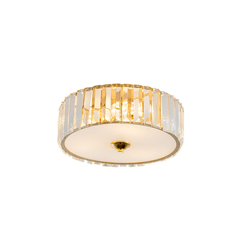 Modern Gold LED Bedroom Flush Mount Ceiling Light with Drum Crystal Shade, 12"/19" Dia