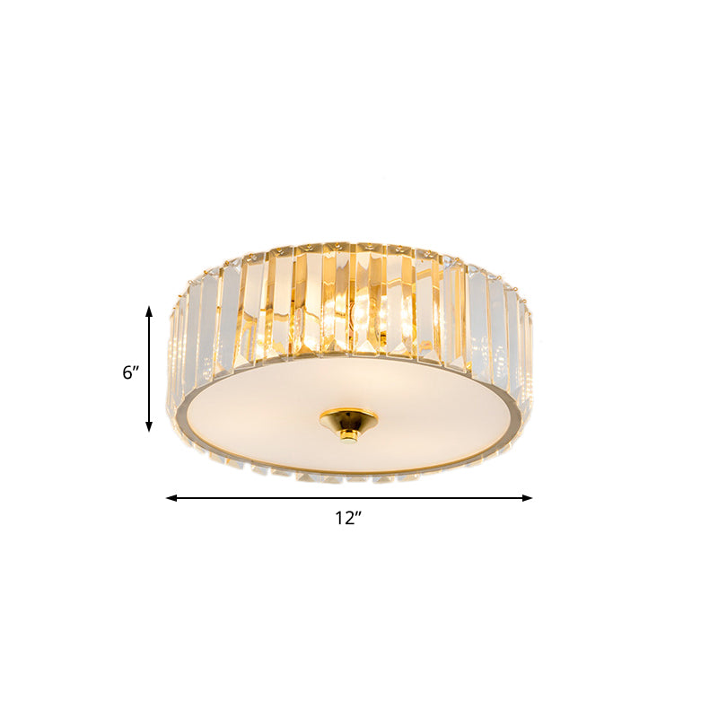 Modern Gold LED Bedroom Flush Mount Ceiling Light with Drum Crystal Shade, 12"/19" Dia