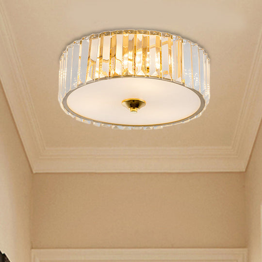 Modern Gold LED Bedroom Flush Mount Ceiling Light with Drum Crystal Shade, 12"/19" Dia