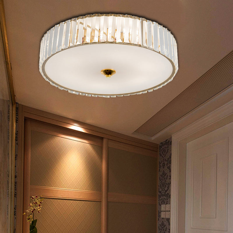 Modern Gold LED Bedroom Flush Mount Ceiling Light with Drum Crystal Shade, 12"/19" Dia