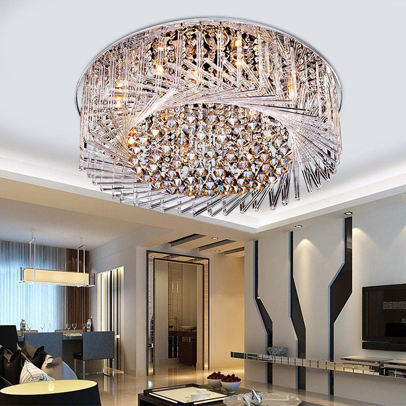 Contemporary Crystal LED Drum Ceiling Lamp with Chrome Flush Mount - 23.5"/31.5" Wide
