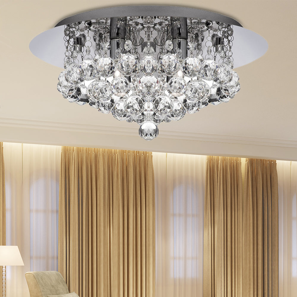 Contemporary Crystal Chrome Ceiling Light - Cascading Flush Mount, 3/4/6 Lights, 8"/14"/19.5" Wide