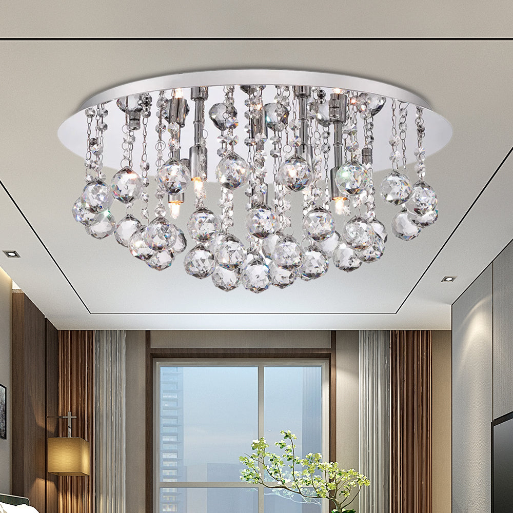 Contemporary Crystal Chrome Ceiling Light - Cascading Flush Mount, 3/4/6 Lights, 8"/14"/19.5" Wide