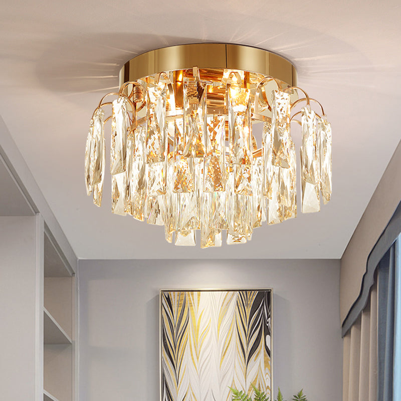 Modern Round Flush Mount Light with Clear Crystal Prism, Chrome/Gold Finish, 2 Lights