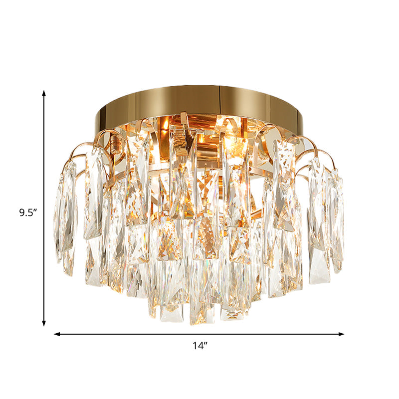 Modern Round Flush Mount Light with Clear Crystal Prism, Chrome/Gold Finish, 2 Lights
