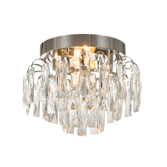 Modern Round Flush Mount Light with Clear Crystal Prism, Chrome/Gold Finish, 2 Lights