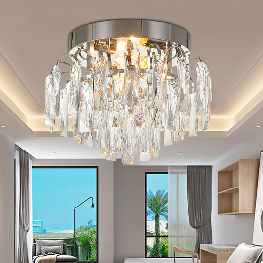 Modern Round Flush Mount Light with Clear Crystal Prism, Chrome/Gold Finish, 2 Lights