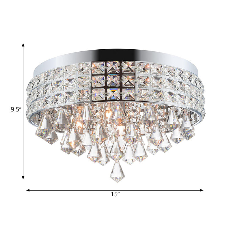 Modern Silver Drum Flush Mount Light with Crystal Accents - 4-Light Bedroom Ceiling Fixture