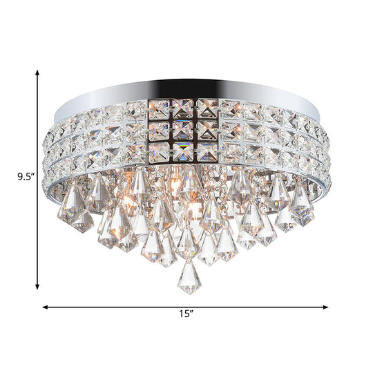 Modern Silver Drum Flush Mount Light with Crystal Accents - 4-Light Bedroom Ceiling Fixture