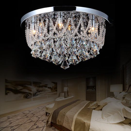 Modern Crystal Strand Ceiling Lamp - Dome Flush 3 Lights, 14"/18" Wide, Chrome; Ideal for Bedroom