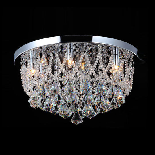 Modern Crystal Strand Ceiling Lamp - Dome Flush 3 Lights, 14"/18" Wide, Chrome; Ideal for Bedroom