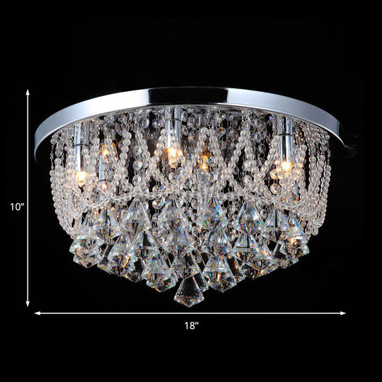 Modern Crystal Strand Ceiling Lamp - Dome Flush 3 Lights, 14"/18" Wide, Chrome; Ideal for Bedroom