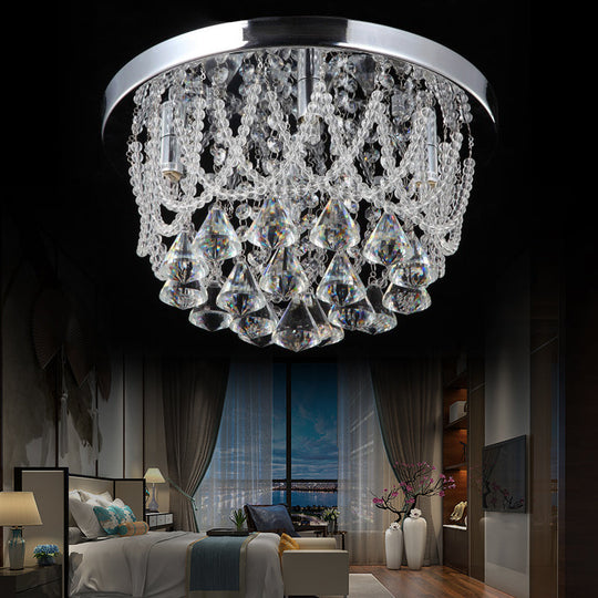 Modern Crystal Strand Ceiling Lamp - Dome Flush 3 Lights, 14"/18" Wide, Chrome; Ideal for Bedroom