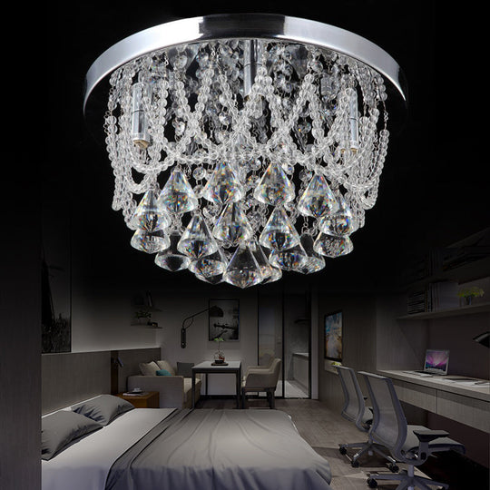 Modern Crystal Strand Ceiling Lamp - Dome Flush 3 Lights, 14"/18" Wide, Chrome; Ideal for Bedroom
