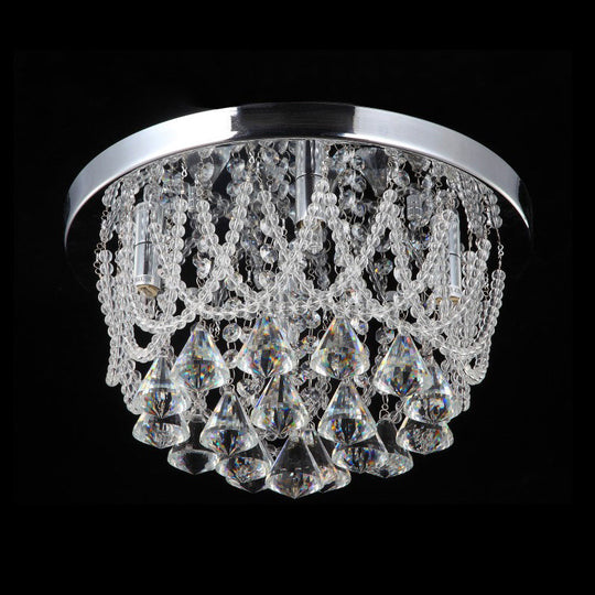 Modern Crystal Strand Ceiling Lamp - Dome Flush 3 Lights, 14"/18" Wide, Chrome; Ideal for Bedroom