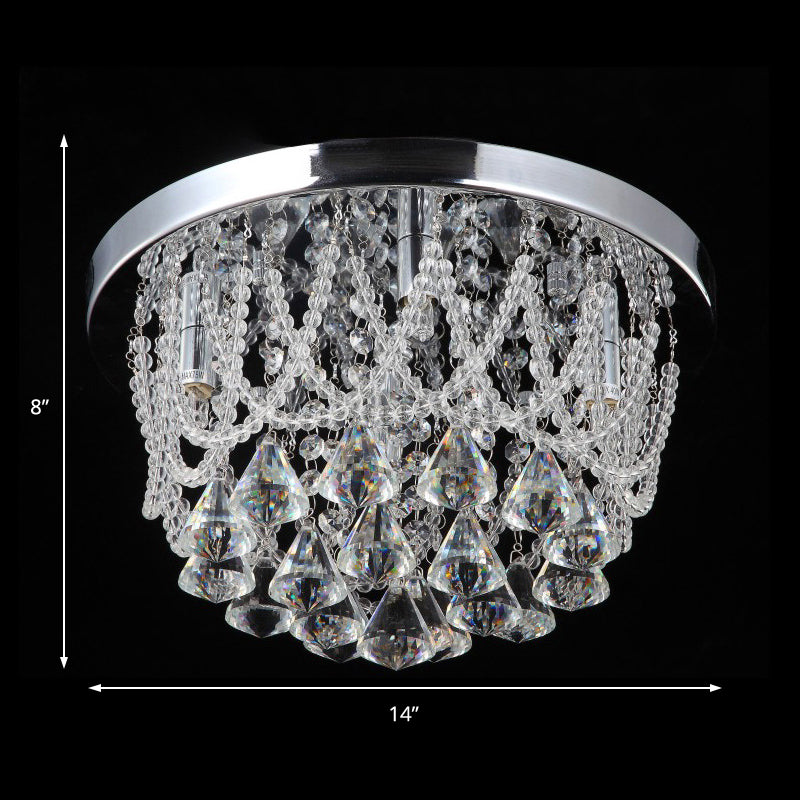 Modern Crystal Strand Ceiling Lamp - Dome Flush 3 Lights, 14"/18" Wide, Chrome; Ideal for Bedroom