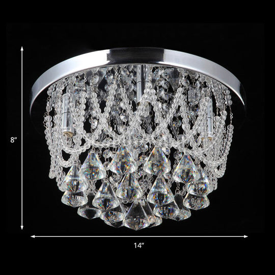 Modern Crystal Strand Ceiling Lamp - Dome Flush 3 Lights, 14"/18" Wide, Chrome; Ideal for Bedroom
