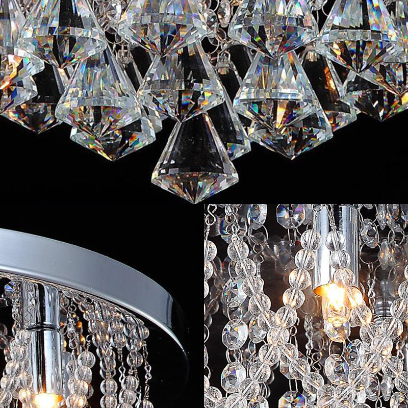 Modern Crystal Strand Ceiling Lamp - Dome Flush 3 Lights, 14"/18" Wide, Chrome; Ideal for Bedroom