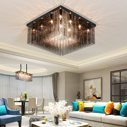 Contemporary Crystal Rod and Beaded Cubic Flush Ceiling Light - Black, 4/6/9 Lights, 16"/19"/23.5" Wide