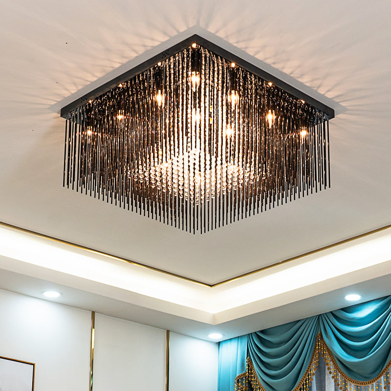 Contemporary Crystal Rod And Beaded Cubic Flush Ceiling Light - Black 4/6/9 Lights 16/19/23.5 Wide /