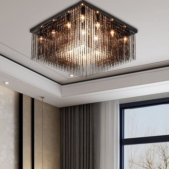 Contemporary Crystal Rod and Beaded Cubic Flush Ceiling Light - Black, 4/6/9 Lights, 16"/19"/23.5" Wide